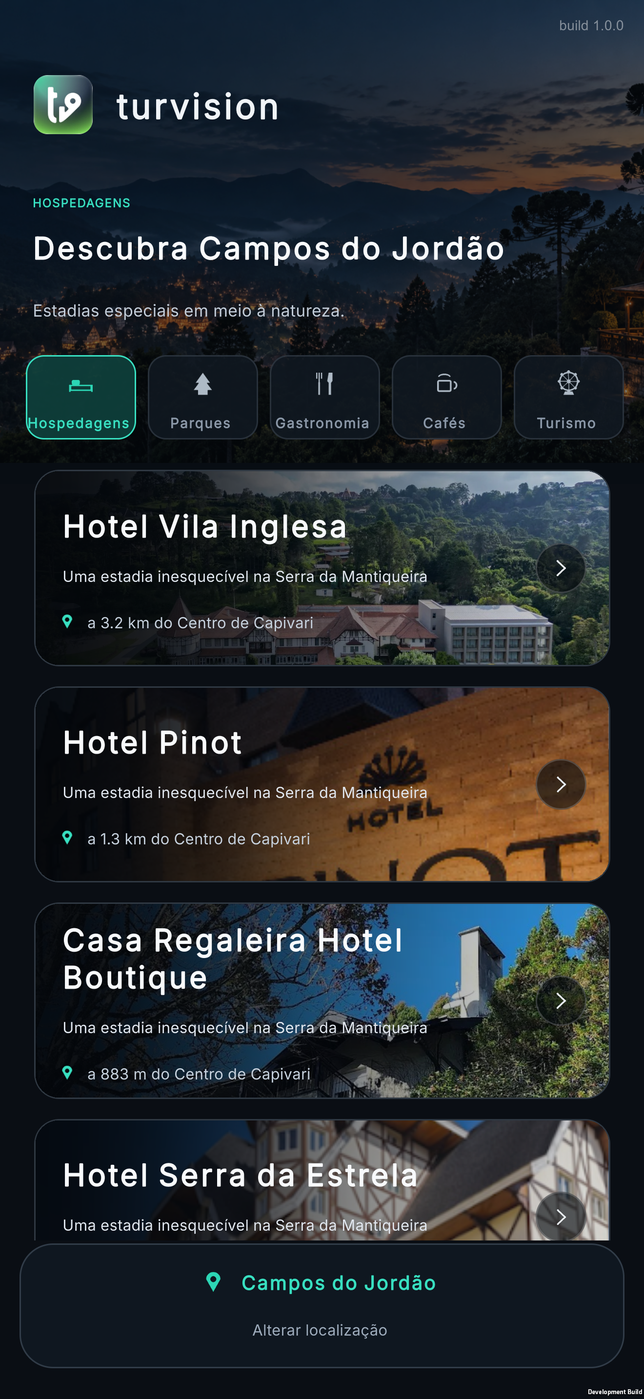 Tela de hospedagens no aplicativo Turvision