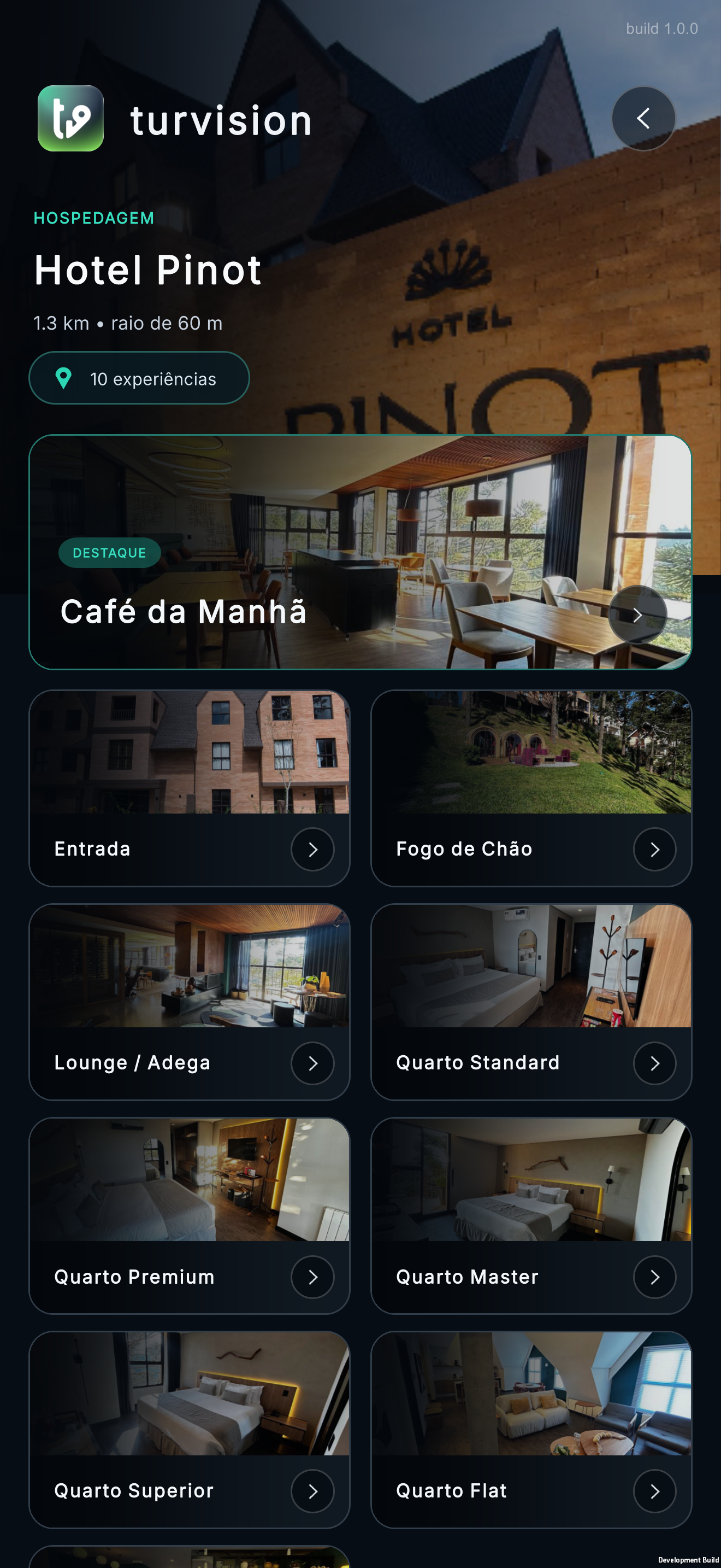 Detalhes e experiências de um hotel no aplicativo